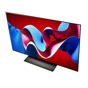 Obere Front-Schr?gansicht des LG OLED evo AI C4 4K Smart TV mit flachem Profil und intensiver Farbdarstellung