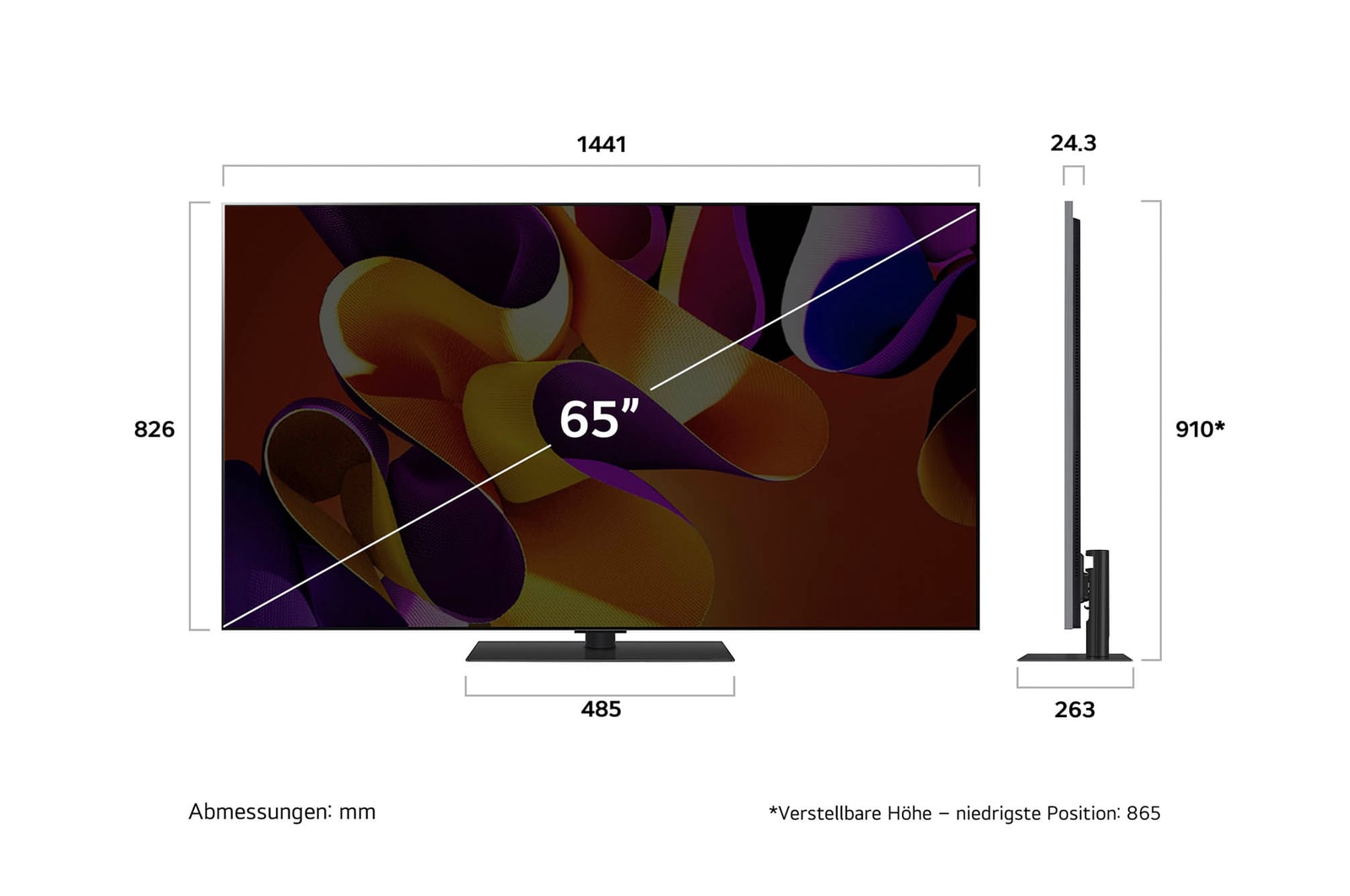 Ma?zeichnung des LG OLED evo AI G4 4K Smart TV mit Breite, H?he und Tiefe in mm inklusive Standfu?.