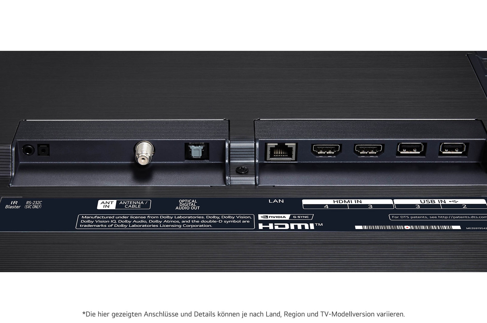 Nahaufnahme der Rückseite des LG OLED evo AI G4 4K Smart TV mit HDMI-, LAN-, USB- und Antenneneing?ngen.