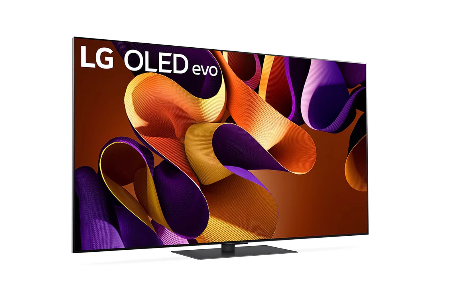 Rechte schr?ge Draufsicht auf den LG OLED evo AI G4 4K Smart TV mit sichtbarer Tiefe und Standfu?