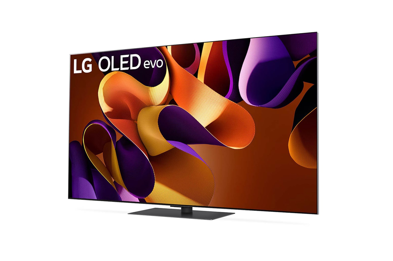 LG OLED evo AI G4 4K Smart TV aus linkem Winkel mit farbenfroher B?ndergrafik auf dem Bildschirm