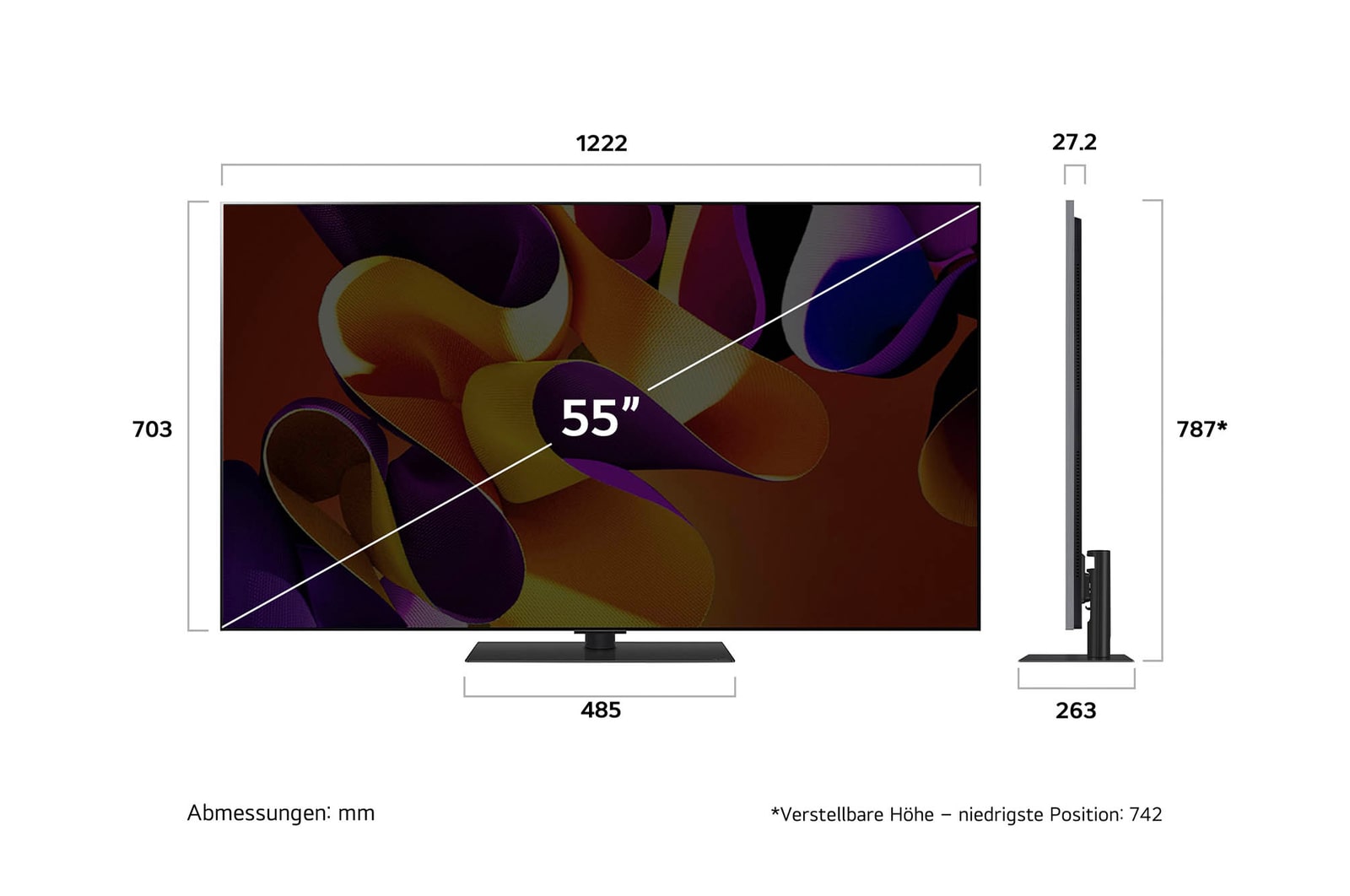 Ma?zeichnung des LG OLED evo AI G4 4K Smart TV mit Breite, H?he und Tiefe in mm inklusive Standfu?.