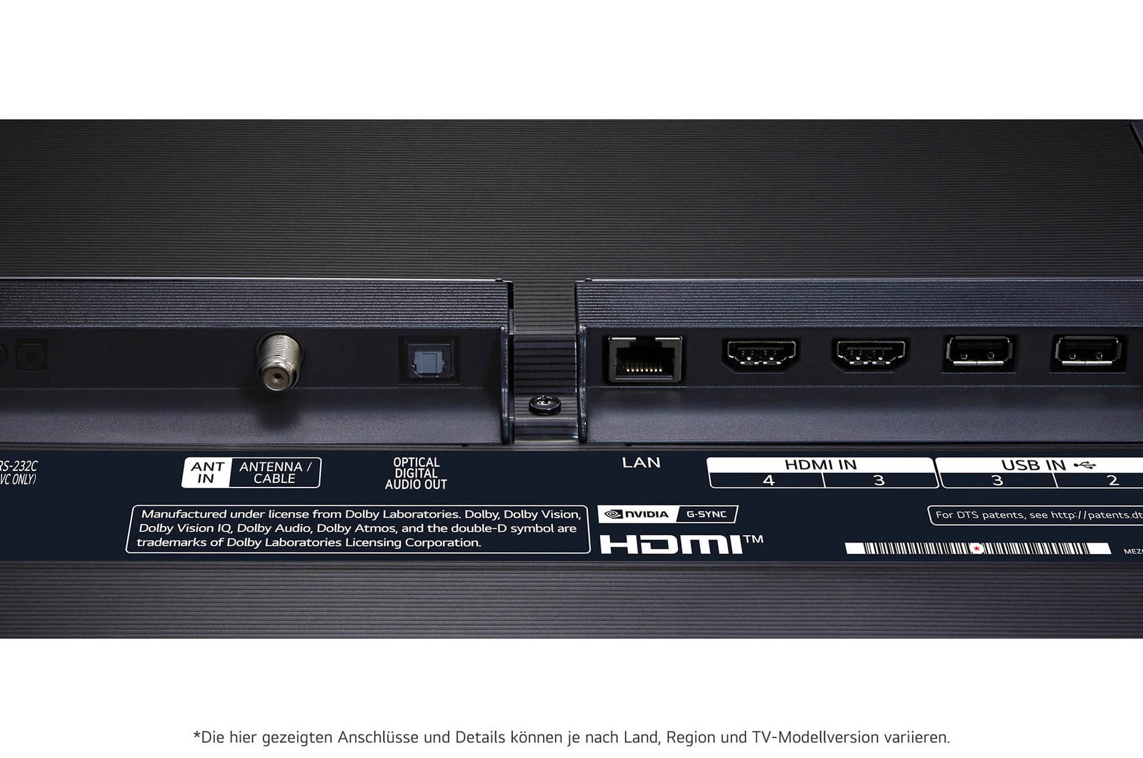Nahaufnahme der Rückseite des LG OLED evo AI G4 4K Smart TV mit HDMI-, LAN-, USB- und Antenneneing?ngen.