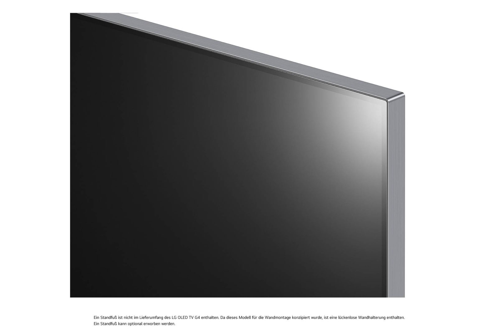 Schr?gansicht der Ecke des LG OLED evo AI G4 4K Smart Wand-TVs mit Metallrahmen und minimalistischer ?sthetik