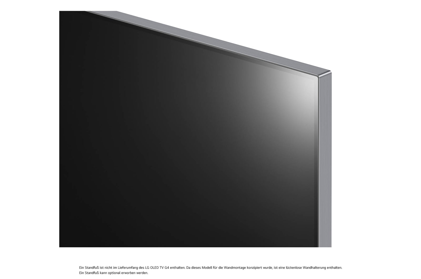 Schr?gansicht der Ecke des LG OLED evo AI G4 4K Smart Wand-TVs mit Metallrahmen und minimalistischer ?sthetik