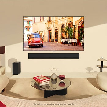 LG OLED evo AI G4 4K Smart Wand-TV in einem modernen Wohnzimmer mit Soundbar (separat erh?ltlich)