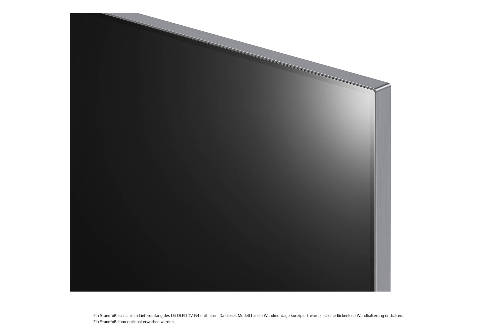 Schr?gansicht der Ecke des LG OLED evo AI G4 4K Smart Wand-TVs mit Metallrahmen und minimalistischer ?sthetik