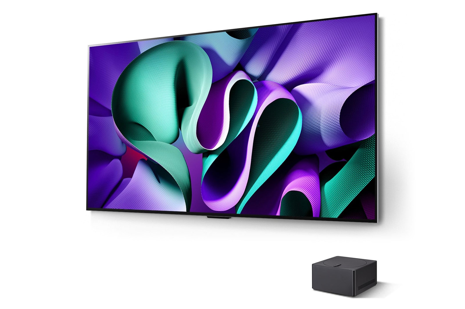 Schr?gansicht des LG OLED evo AI M4 4K Smart TV Fernsehers mit vorne platzierter Zero Connect Box.