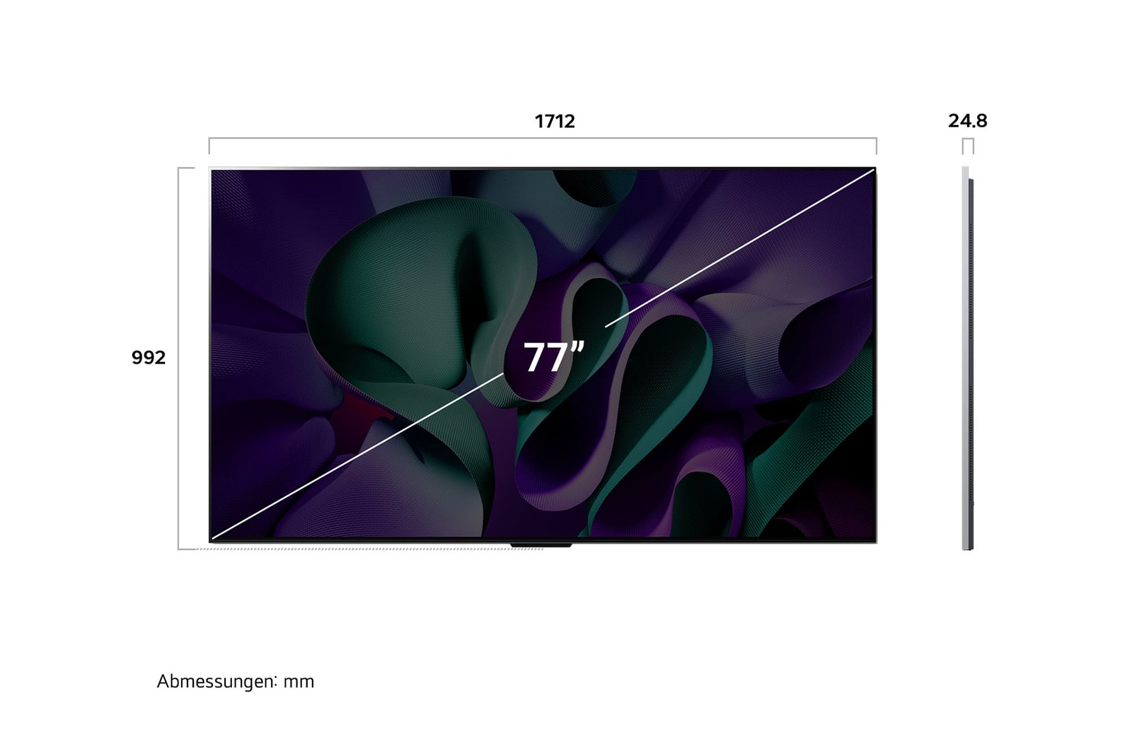 Ma?grafik des LG OLED evo AI M4 4K Smart TV Fernsehers mit Breite, H?he und Profiltiefe in mm.
