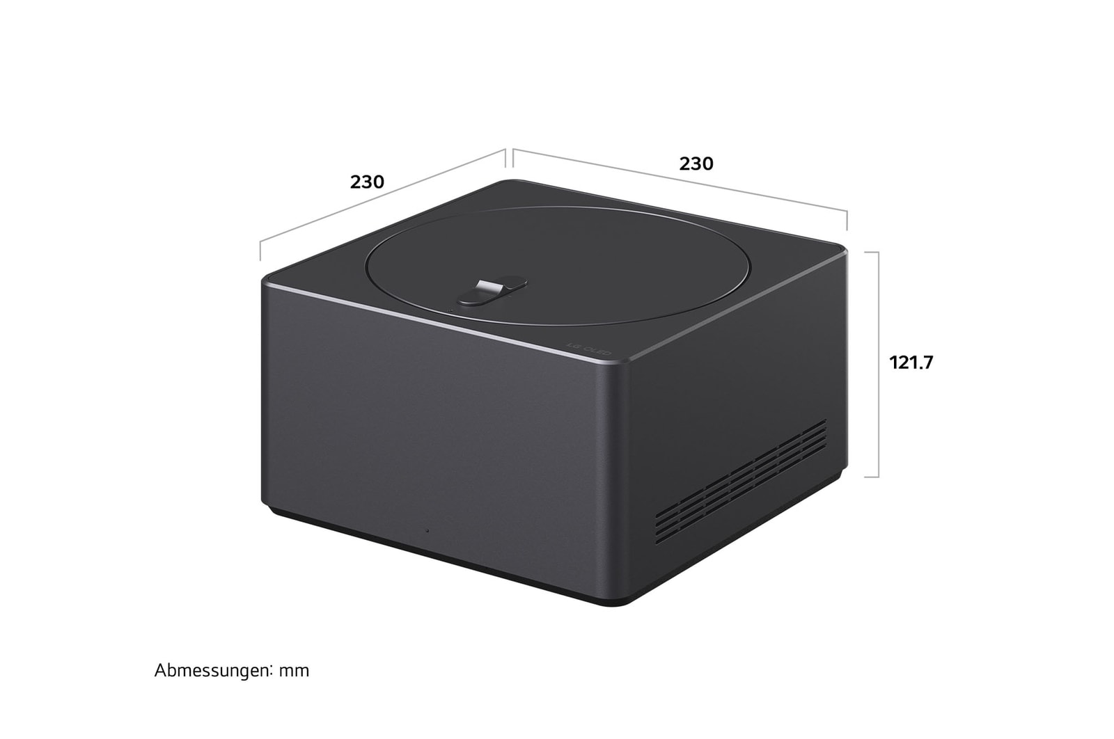 Ma?grafik der Zero Connect Box für den LG OLED evo AI M4 4K Smart TV Fernseher mit Breite, H?he und Tiefe in mm.