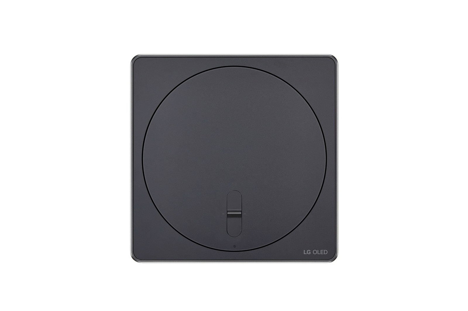 Draufsicht auf die Zero Connect Box für den LG OLED evo AI M4 4K Smart TV Fernseher mit kreisf?rmigem Oberfl?chendesign.
