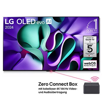 Frontansicht des LG OLED evo AI M4 4K Smart TV Fernsehers mit Produktlogos und angeschlossener Zero Connect Box mit kabelloser 4K 144Hz übertragung.