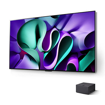 Schr?gansicht des LG OLED evo AI M4 4K Smart TV Fernsehers mit vorne platzierter Zero Connect Box.