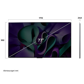 Ma?grafik des LG OLED evo AI M4 4K Smart TV Fernsehers mit Breite, H?he und Profiltiefe in mm.