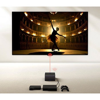 Zero Connect Box mit Spielkonsole und Set-Top-Box verbunden, übertr?gt kabellos eine Ballettaufführung auf den LG OLED evo AI M4 4K Smart TV Fernseher.