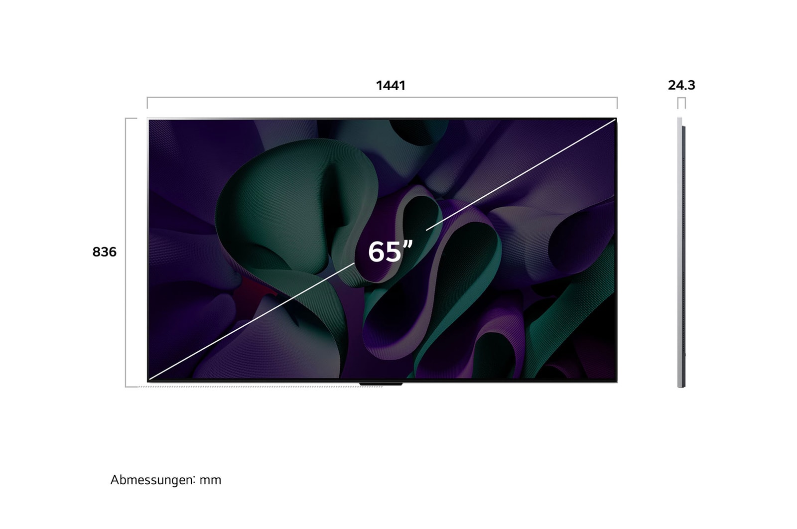 Ma?grafik des LG OLED evo AI M4 4K Smart TV Fernsehers mit Breite, H?he und Profiltiefe in mm.