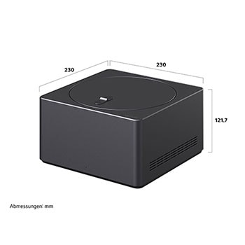 Ma?grafik der Zero Connect Box für den LG OLED evo AI M4 4K Smart TV Fernseher mit Breite, H?he und Tiefe in mm.