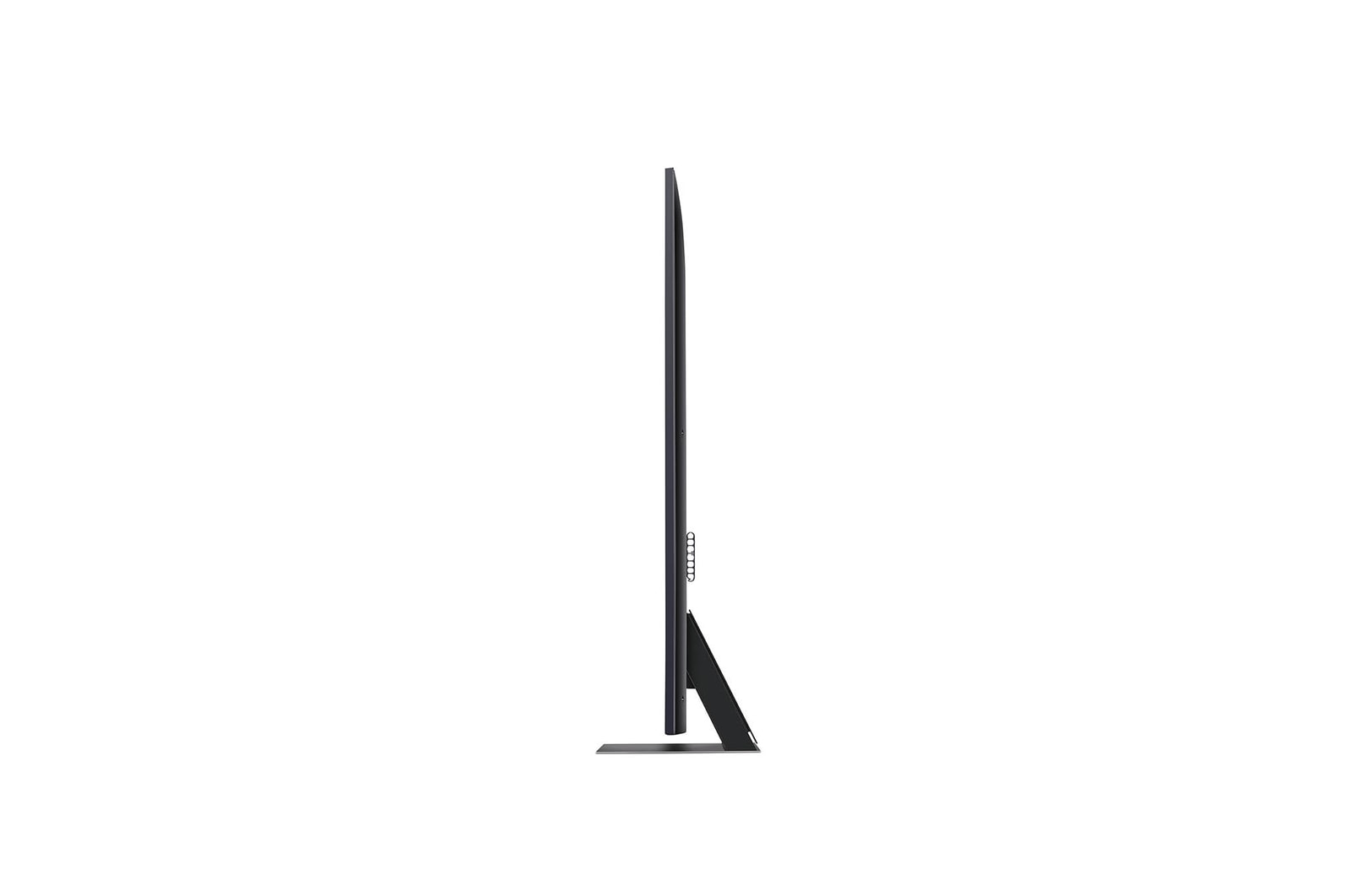 Seitenprofilansicht des LG QNED86 AI 4K Smart Fernsehers, die sein schlankes Design und die Form des Standfu?es hervorhebt.