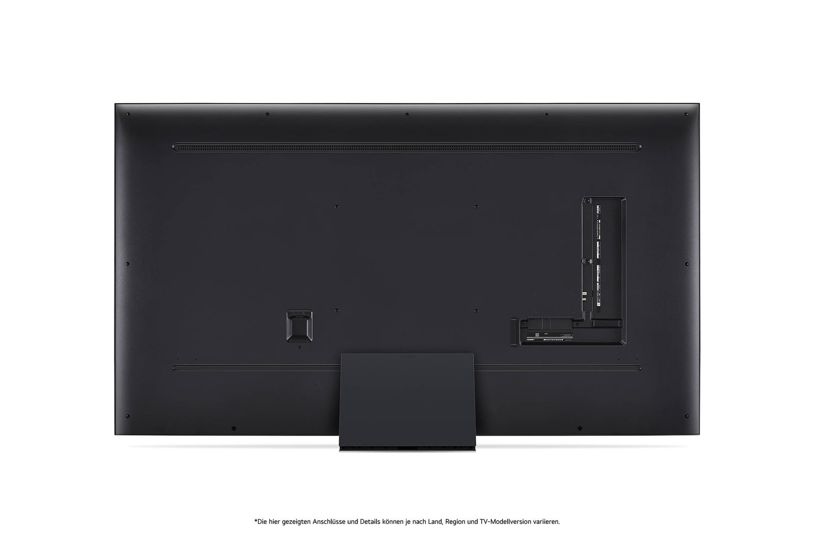 Rückansicht des LG QNED86 AI 4K Smart Fernsehers, zeigt das Design der Rückseite, die Standfu?struktur und den Bereich der Anschlüsse.