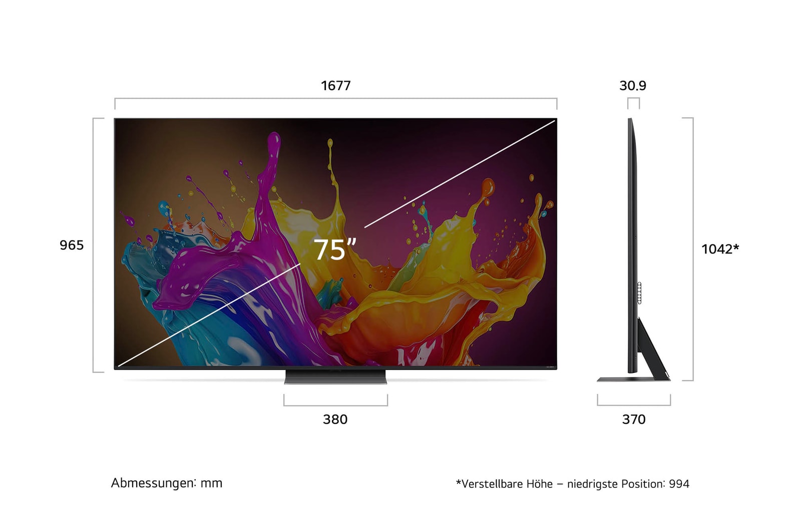Abmessungen des 75-Zoll LG QNED86 AI 4K Smart Fernsehers, zeigt Breite, H?he, Tiefe und Standfu?ma?e in mm.