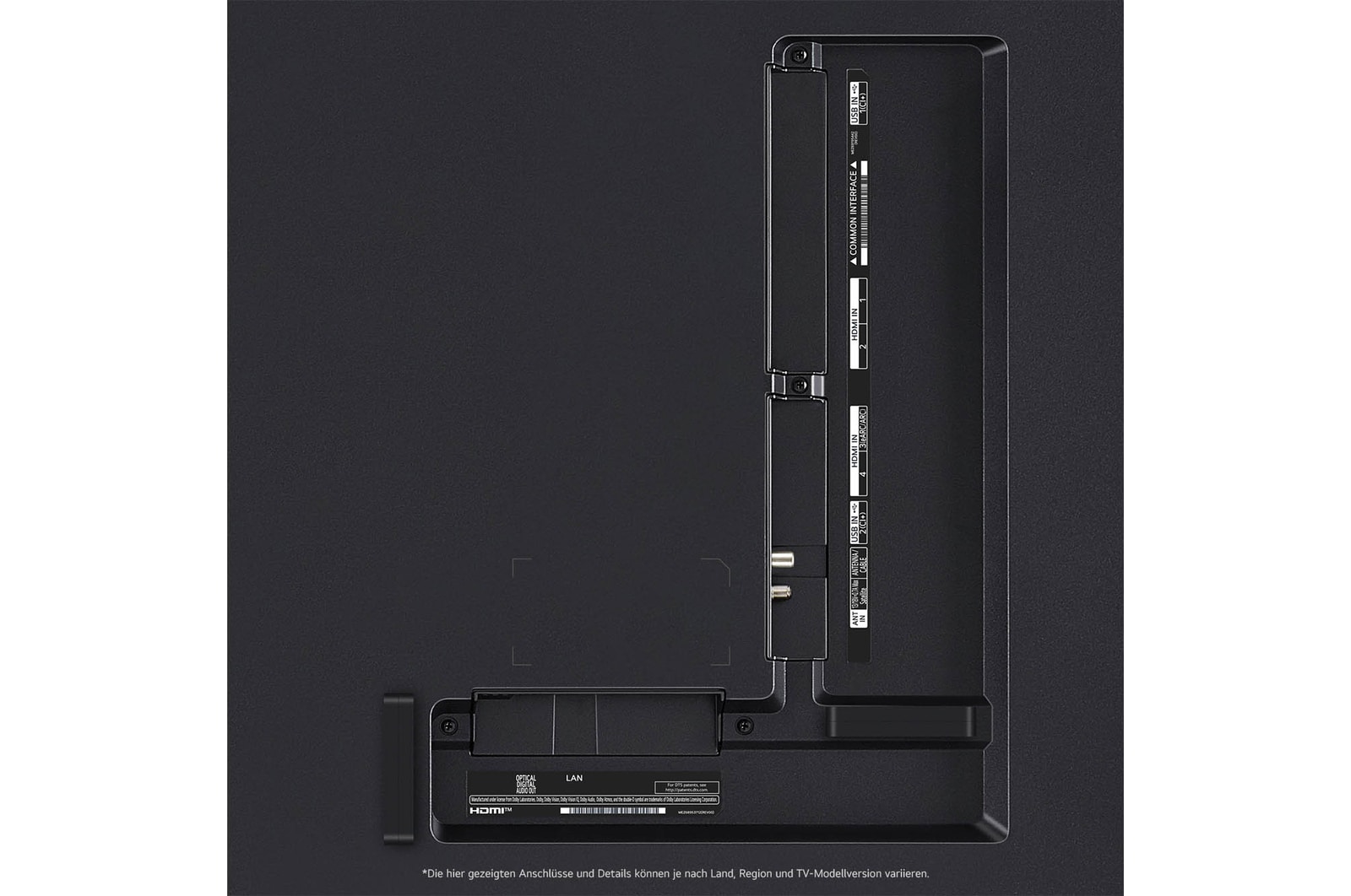 Nahaufnahme der Anschlüsse des LG QNED86 AI 4K Smart Fernsehers, einschlie?lich HDMI, USB, Antenne, CI-Slot und LAN.
