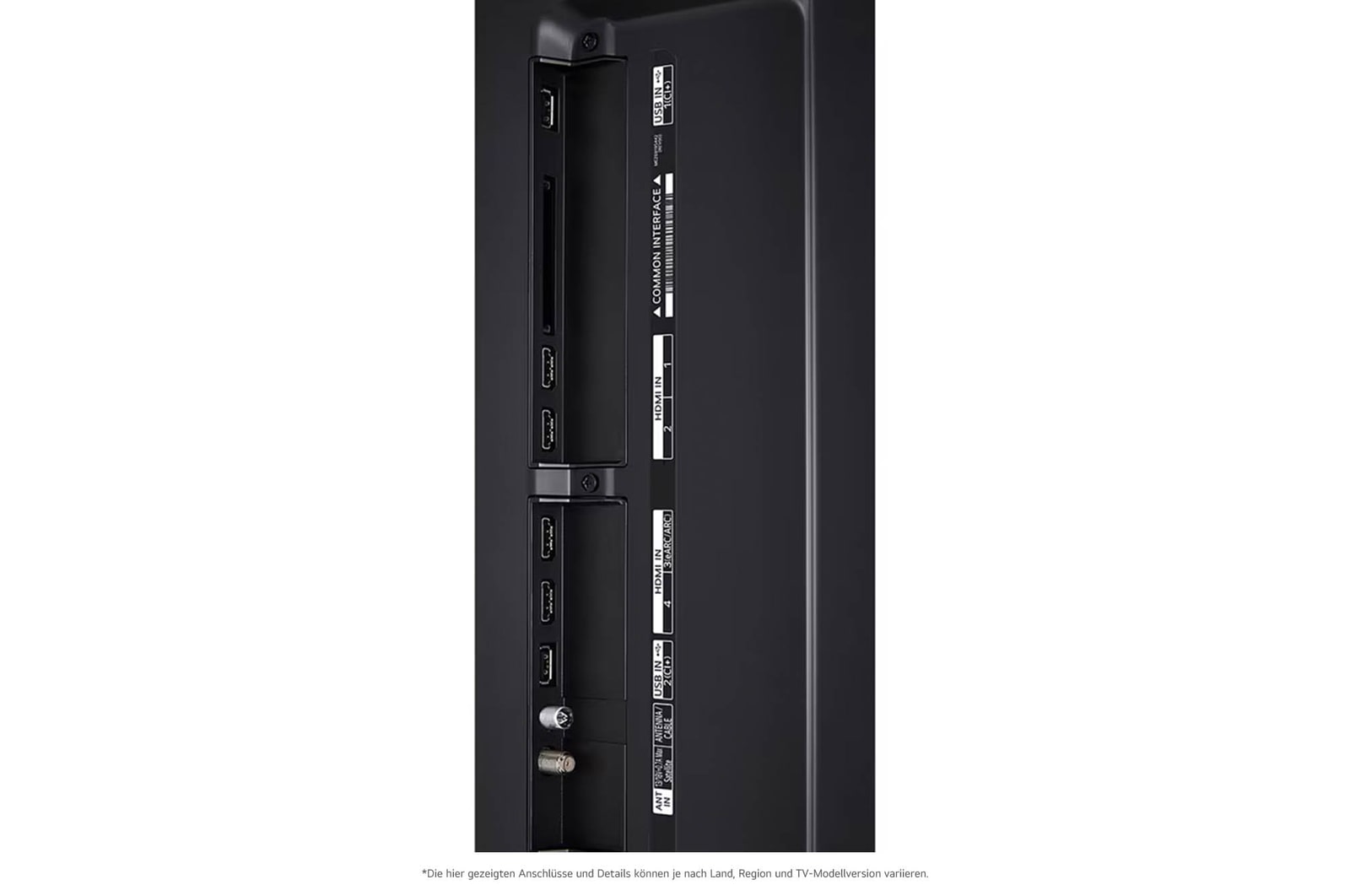 Detaillierte Nahaufnahme der seitlichen Anschlüsse des LG QNED86 AI 4K Smart Fernsehers, zeigt HDMI (eARC), USB und Antenneneing?nge.
