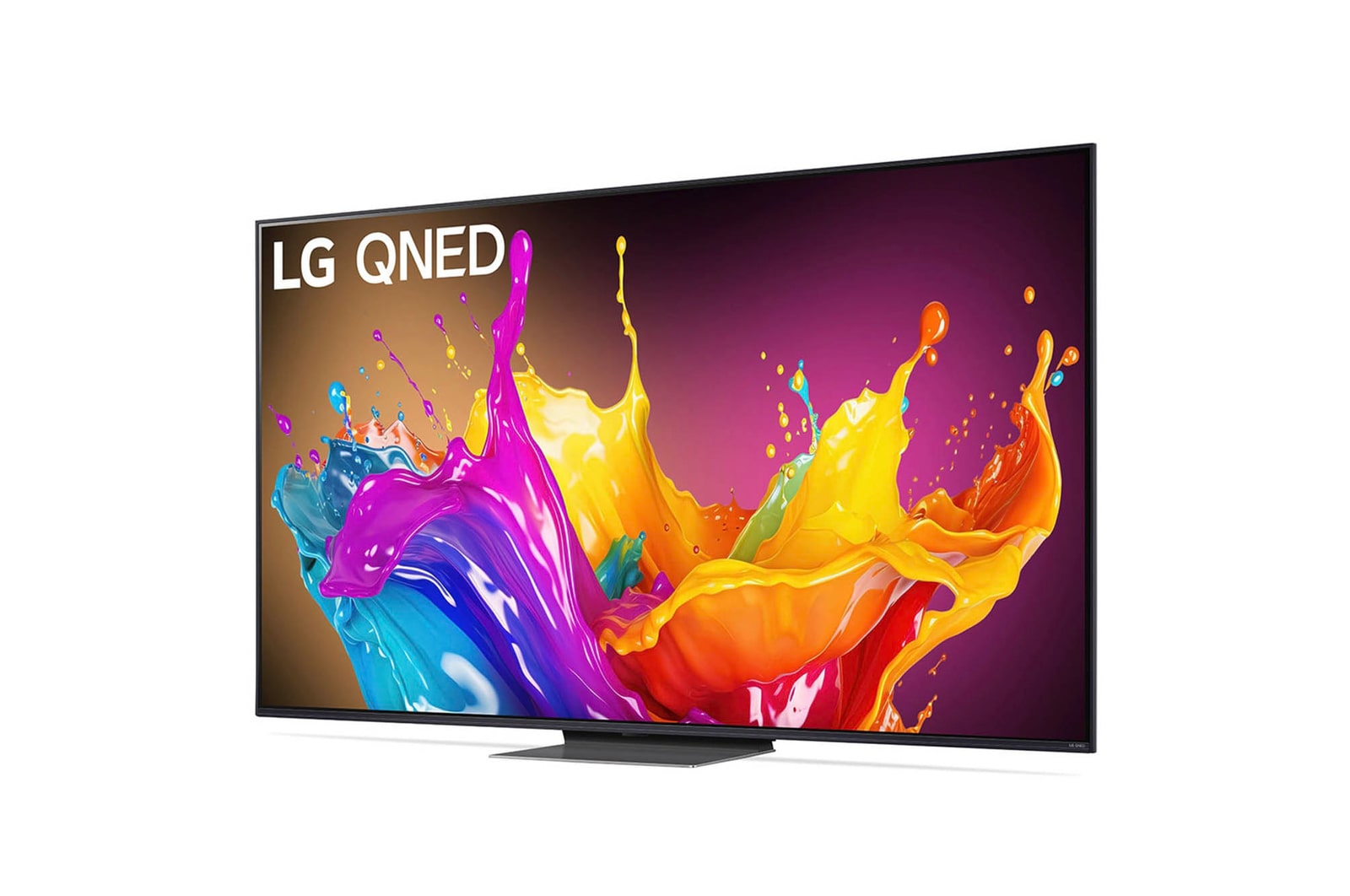 LG QNED86 AI 4K Smart Fernseher aus einer vorderen rechten Perspektive betrachtet, zeigt lebendige Farben auf dem Bildschirm und den Standfu?.