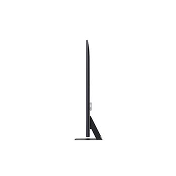 Seitenprofilansicht des LG QNED86 AI 4K Smart Fernsehers, die sein schlankes Design und die Form des Standfu?es hervorhebt.