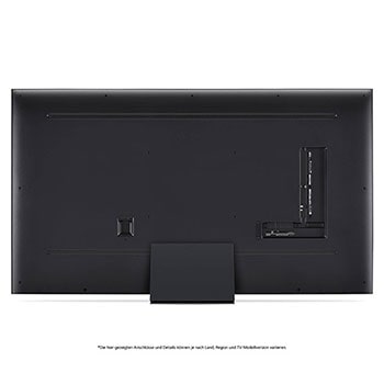 Rückansicht des LG QNED86 AI 4K Smart Fernsehers, zeigt das Design der Rückseite, die Standfu?struktur und den Bereich der Anschlüsse.