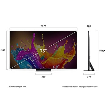 Abmessungen des 75-Zoll LG QNED86 AI 4K Smart Fernsehers, zeigt Breite, H?he, Tiefe und Standfu?ma?e in mm.