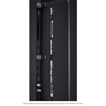 Detaillierte Nahaufnahme der seitlichen Anschlüsse des LG QNED86 AI 4K Smart Fernsehers, zeigt HDMI (eARC), USB und Antenneneing?nge.
