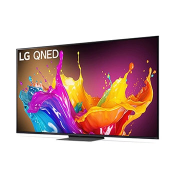 LG QNED86 AI 4K Smart Fernseher aus einer vorderen rechten Perspektive betrachtet, zeigt lebendige Farben auf dem Bildschirm und den Standfu?.