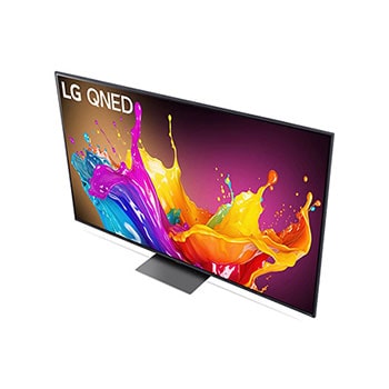 Ansicht des LG QNED86 AI 4K Smart Fernsehers aus hoher Perspektive, von oben auf Bildschirm und Standfu? blickend.