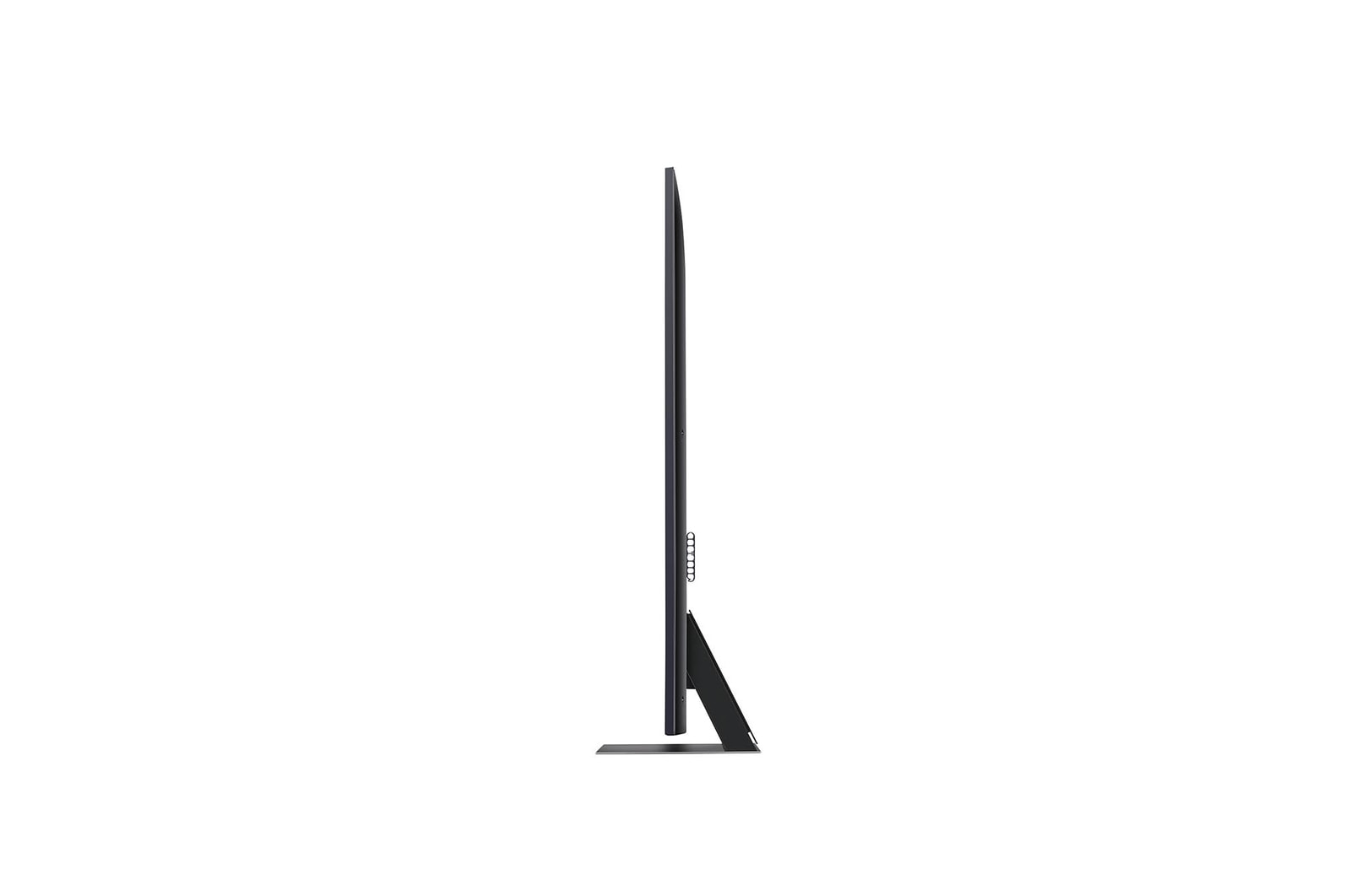 Seitenprofilansicht des LG QNED86 AI 4K Smart Fernsehers, die sein schlankes Design und die Form des Standfu?es hervorhebt.