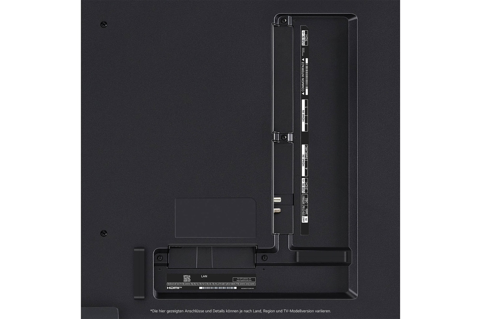 Nahaufnahme der Anschlüsse des LG QNED86 AI 4K Smart Fernsehers, einschlie?lich HDMI, USB, Antenne, CI-Slot und LAN.