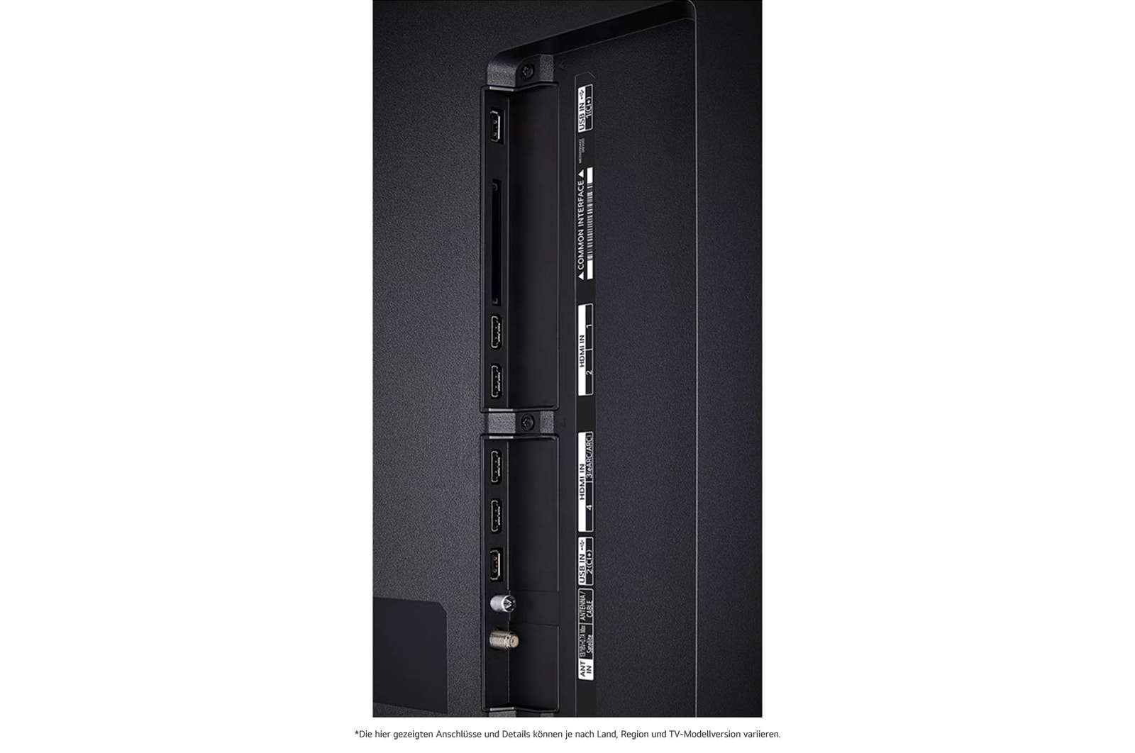 Detaillierte Nahaufnahme der seitlichen Anschlüsse des LG QNED86 AI 4K Smart Fernsehers, zeigt HDMI (eARC), USB und Antenneneing?nge.