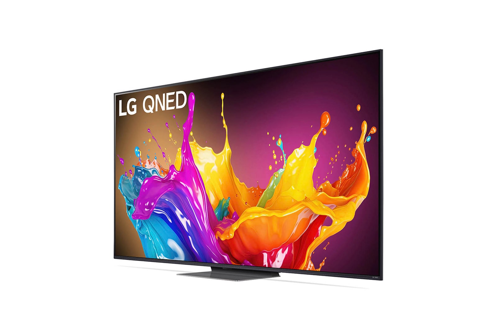 LG QNED86 AI 4K Smart Fernseher aus einer st?rker angewinkelten vorderen rechten Perspektive betrachtet, hebt das Seitenprofil und das Standfu?design hervor.