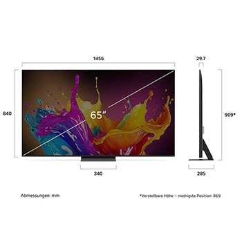 Abmessungen des 65-Zoll LG QNED86 AI 4K Smart Fernsehers, zeigt Breite, H?he, Tiefe und Standfu?ma?e in mm.