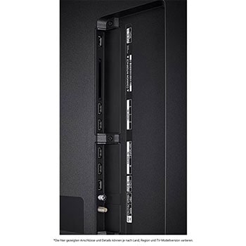 Detaillierte Nahaufnahme der seitlichen Anschlüsse des LG QNED86 AI 4K Smart Fernsehers, zeigt HDMI (eARC), USB und Antenneneing?nge.