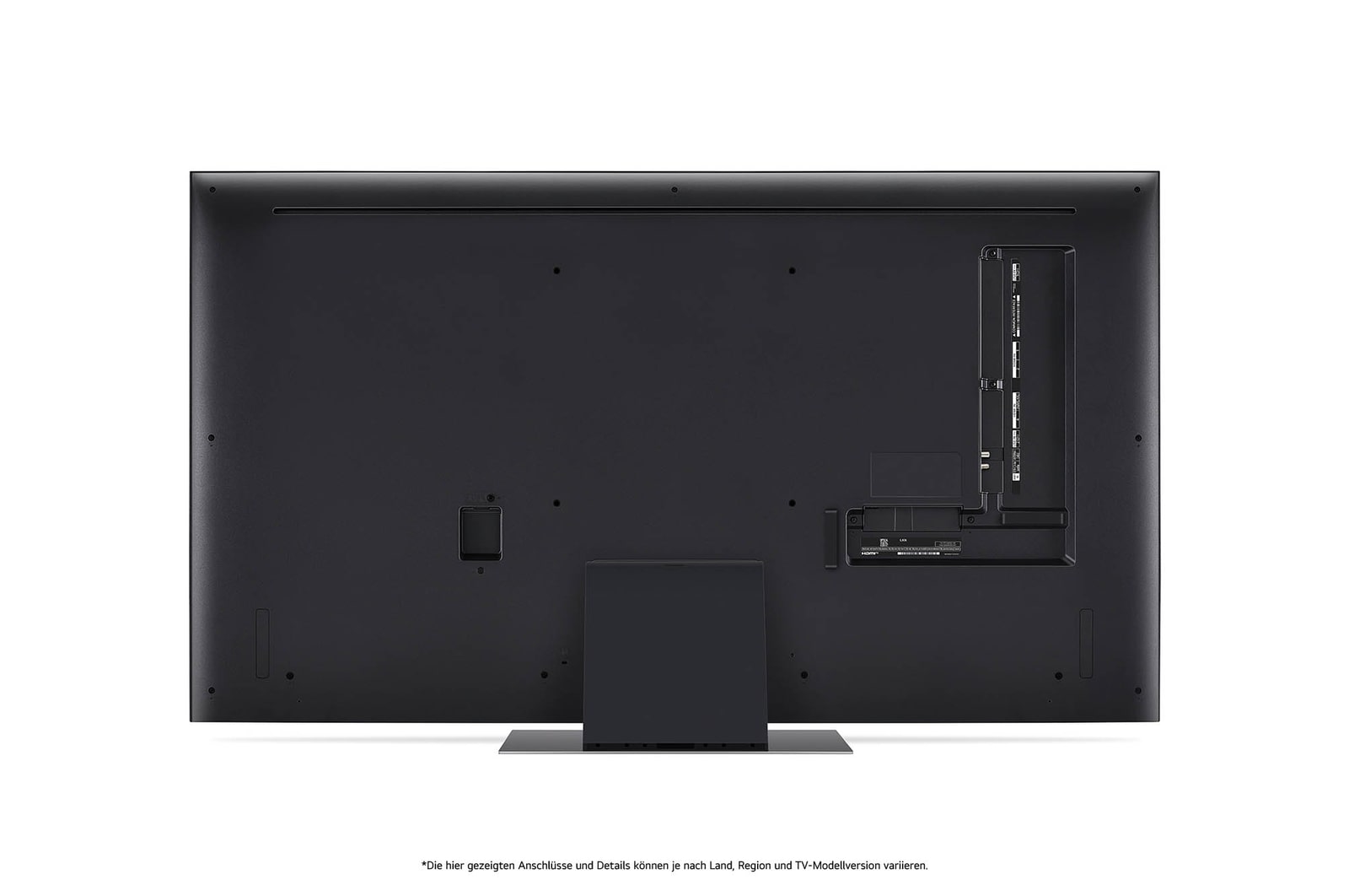Rückansicht des LG QNED86 AI 4K Smart Fernsehers, zeigt das Design der Rückseite, die Standfu?struktur und den Bereich der Anschlüsse.