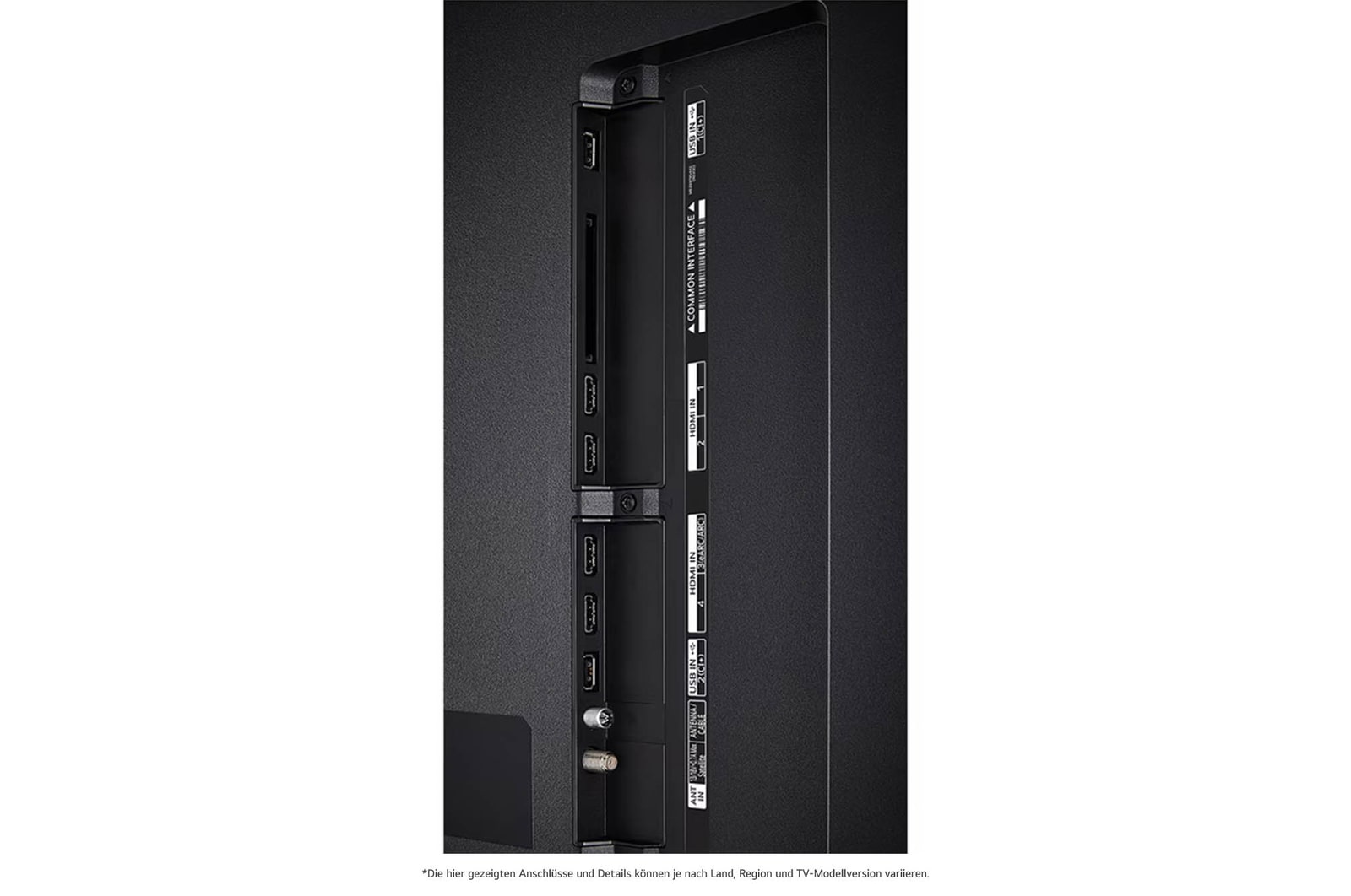 Detaillierte Nahaufnahme der seitlichen Anschlüsse des LG QNED86 AI 4K Smart Fernsehers, zeigt HDMI (eARC), USB und Antenneneing?nge.