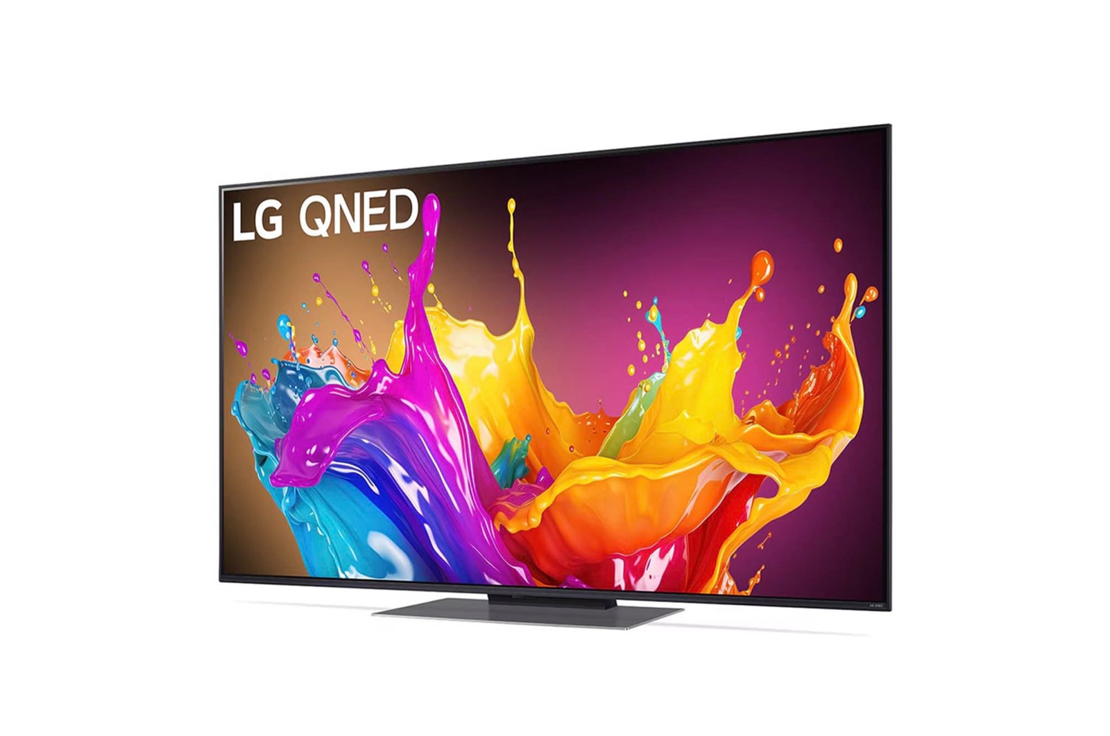 LG QNED86 AI 4K Smart Fernseher aus einer vorderen rechten Perspektive betrachtet, zeigt lebendige Farben auf dem Bildschirm und den Standfu?.