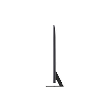 Seitenprofilansicht des LG QNED86 AI 4K Smart Fernsehers, die sein schlankes Design und die Form des Standfu?es hervorhebt.
