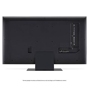Rückansicht des LG QNED86 AI 4K Smart Fernsehers, zeigt das Design der Rückseite, die Standfu?struktur und den Bereich der Anschlüsse.