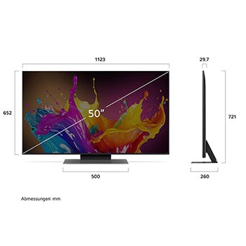 Abmessungen des 50-Zoll LG QNED86 AI 4K Smart Fernsehers, zeigt Breite, H?he, Tiefe und Standfu?ma?e in mm.