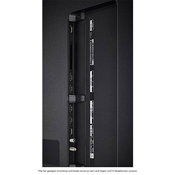 Detaillierte Nahaufnahme der seitlichen Anschlüsse des LG QNED86 AI 4K Smart Fernsehers, zeigt HDMI (eARC), USB und Antenneneing?nge.