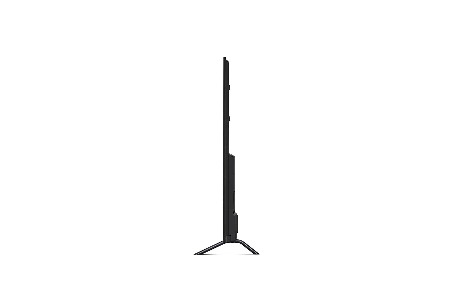 Linke Seitenprofilansicht des LG QNED MiniLED AI QNED89 4K Smart Fernsehers, die sein schlankes Design und die Form des zentralen Standfu?es hervorhebt.