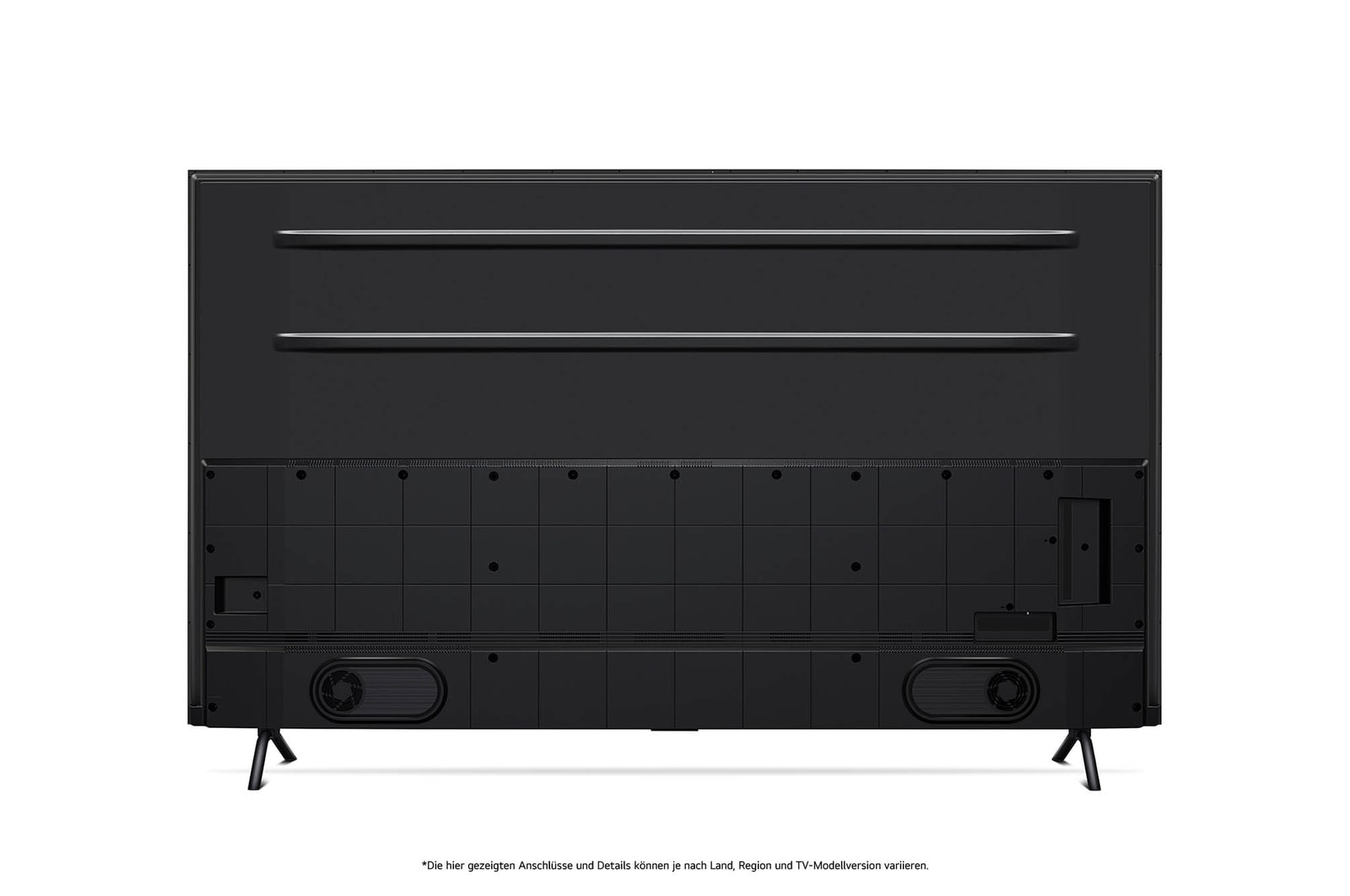 Rückansicht des LG QNED MiniLED AI QNED89 4K Smart Fernsehers, zeigt das Design der Rückseite, Anschlüsse und die zentrale Standfu?verbindung.