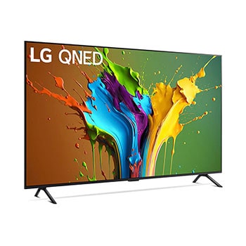 LG QNED MiniLED AI QNED89 4K Smart Fernseher aus einer vorderen linken Perspektive, zeigt Bildschirm und zentralen Standfu?.