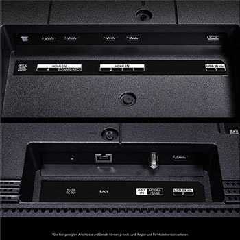 Nahaufnahme der Anschlüsse des LG QNED MiniLED AI QNED89 4K Smart Fernsehers, einschlie?lich Zugang zu HDMI, USB und Antenne.